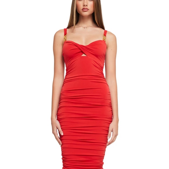 NOOKIE/REVOLVE FORTUNE MIDI RED BODYCON RUCHED DRESS SIZE XS - Picture 3 of 5